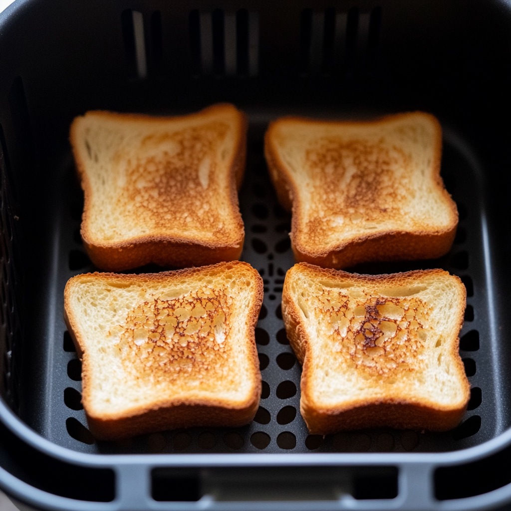 Can you toast frozen bread in an air fryer? Perfectly golden slices of bread toasting in an air fryer.