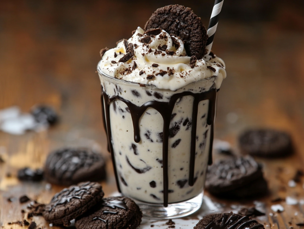 Delicious cookies and cream milkshake topped with whipped cream and Oreo pieces.