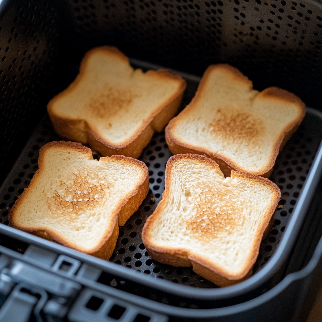 How do you cook Texas Toast in the air fryer? Toast slices cooking in an air fryer basket.