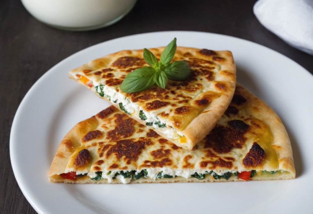 A close-up of a sliced cottage cheese flatbread with a golden-brown crust, creamy filling, and fresh basil garnish, served on a white plate.