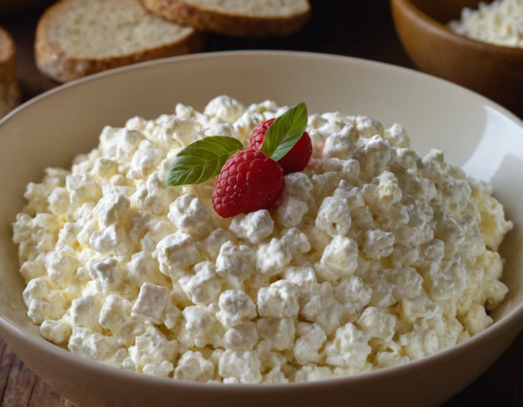 Bowl of cottage cheese garnished with two fresh raspberries and a sprig of mint, with slices of bread or crackers in the background