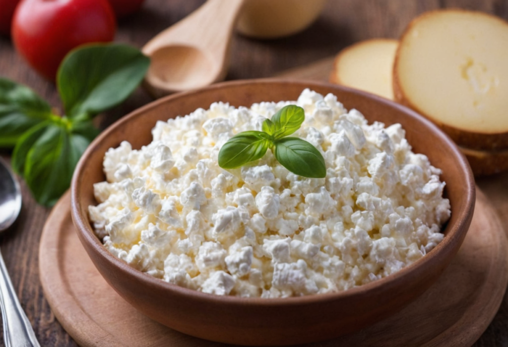 A bowl of fresh cottage cheese garnished with a basil leaf, with tomatoes and bread slices in the background, representing a nutritious dairy option.