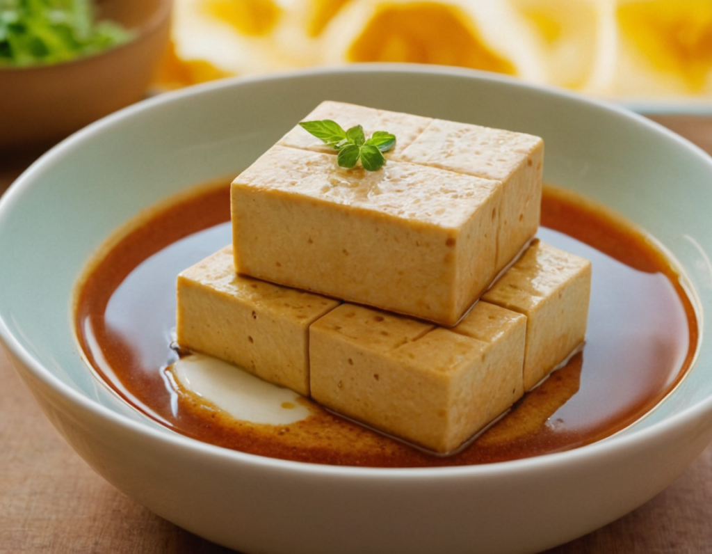 A dish of tofu cubes stacked in a shallow bowl with a savory sauce, garnished with a small green herb on top. The tofu has a light brown color from the sauce, which is rich and smooth, filling the bottom of the bowl.