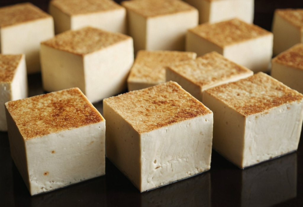 Close-up view of several evenly cut tofu cubes with a golden-brown seared top, arranged in a grid pattern on a dark surface.