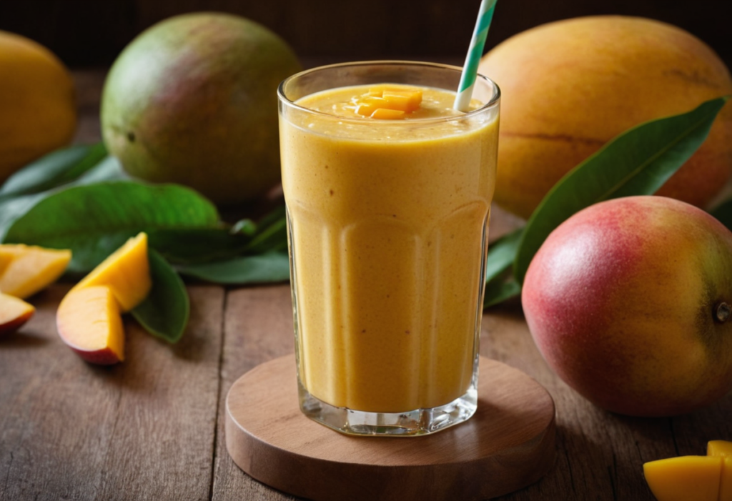 A vibrant yellow smoothie mit mango in a glass, topped with mango chunks and a straw. Fresh mangoes and slices surround it, creating a tropical, refreshing scene.