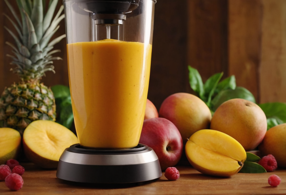 A blender filled with a bright mango smoothie sits on a table, surrounded by fresh mangoes, pineapple, and raspberries. This vibrant scene answers the question, "What fruit blends well with mango?" showing ideal tropical pairings.