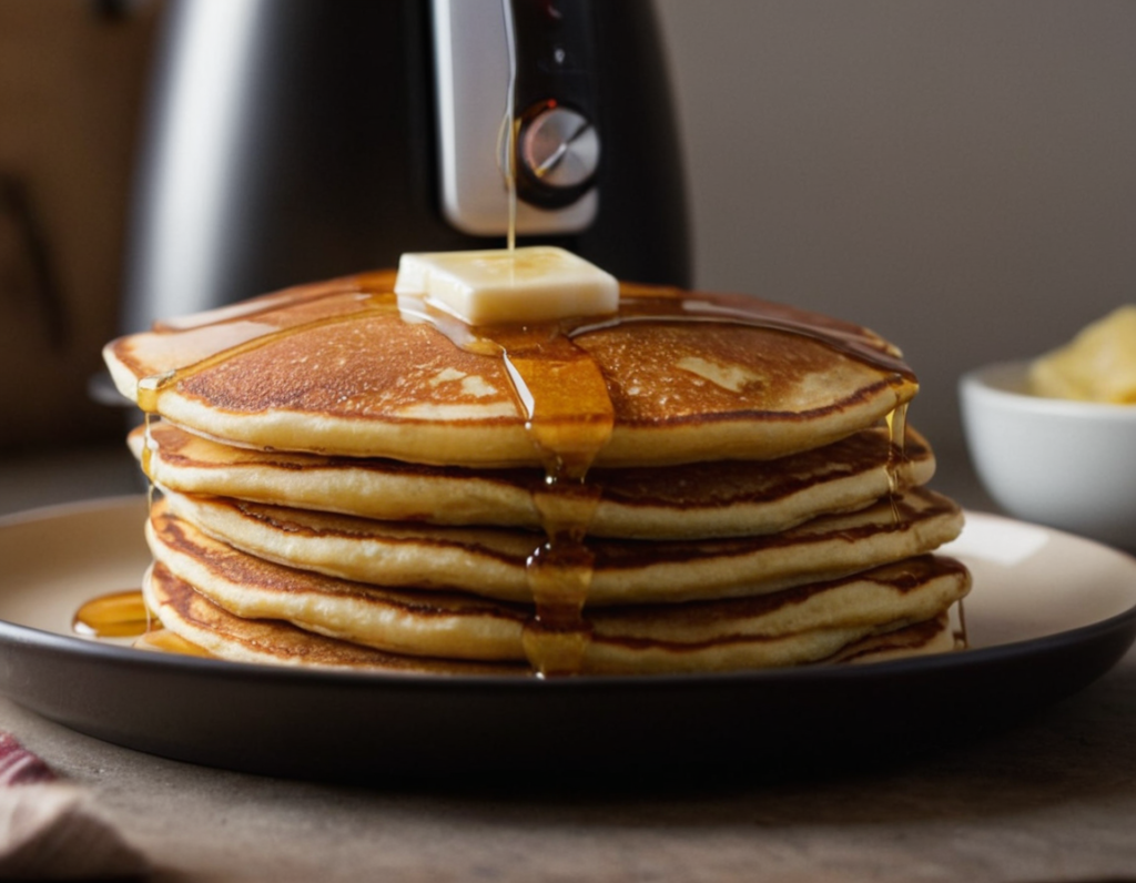 Stack of air fryer pancakes with butter and syrup drizzle