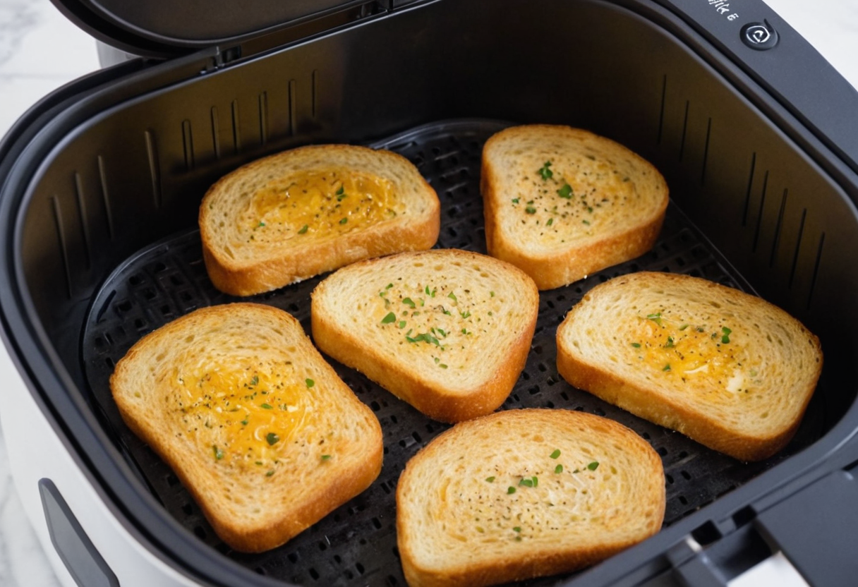 Texas Toast in an Air Fryer with melted butter and herbs on top.