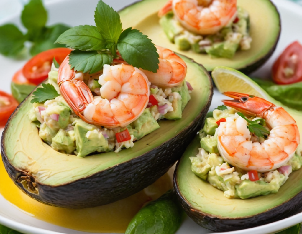 Avocado Stuffed with Shrimp and Crab Salad served in avocado halves garnished with shrimp and fresh herbs.