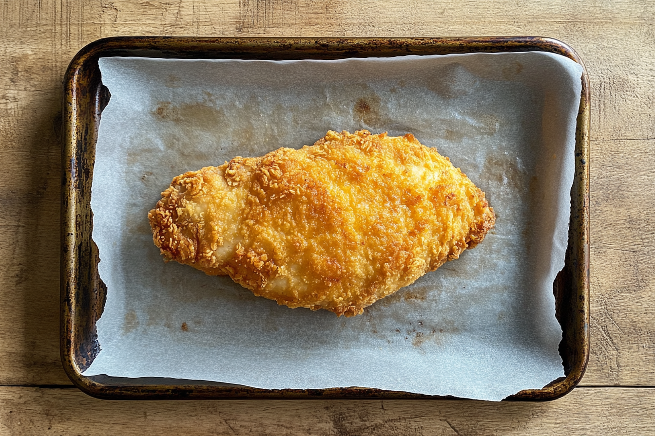 Golden brown chicken crust on a baking sheet, prepared for Chicken Crust Caesar Salad Pizza.