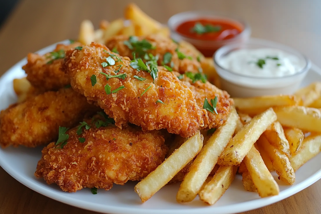 Chicken tenders and fries with dipping sauces