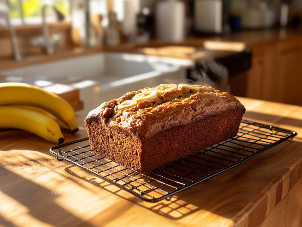 Freshly baked banana bread cooling on a wire rack with bananas nearby in a sunlit kitchen.