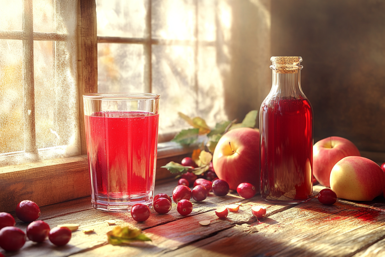 Glass of freshly prepared cranberry juice and a bottle of apple cider vinegar with apples and cranberries on a wooden table.