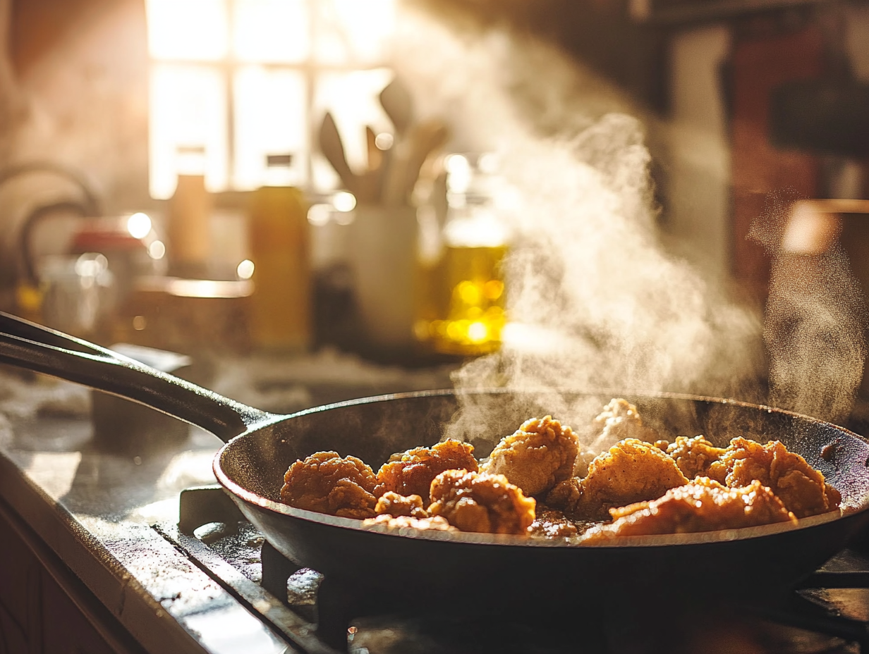 Fried chicken cooking in a skillet on a kitchen stove with steam rising, showing crispy texture and golden-brown color.