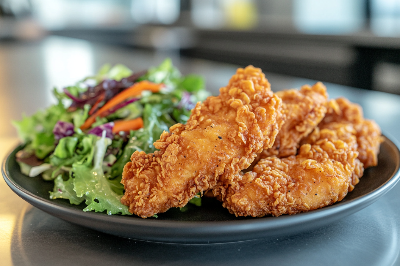 A plate of crispy golden-brown fried chicken tenders with a fresh salad, highlighting the main keyword 'calories in chicken tenders