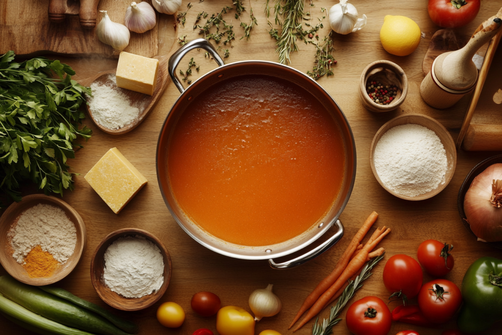 A top-down view of a chef’s kitchen counter with ingredients for making sauce, including stock cubes, flour, and fresh vegetables, surrounding a pot of simmering sauce.