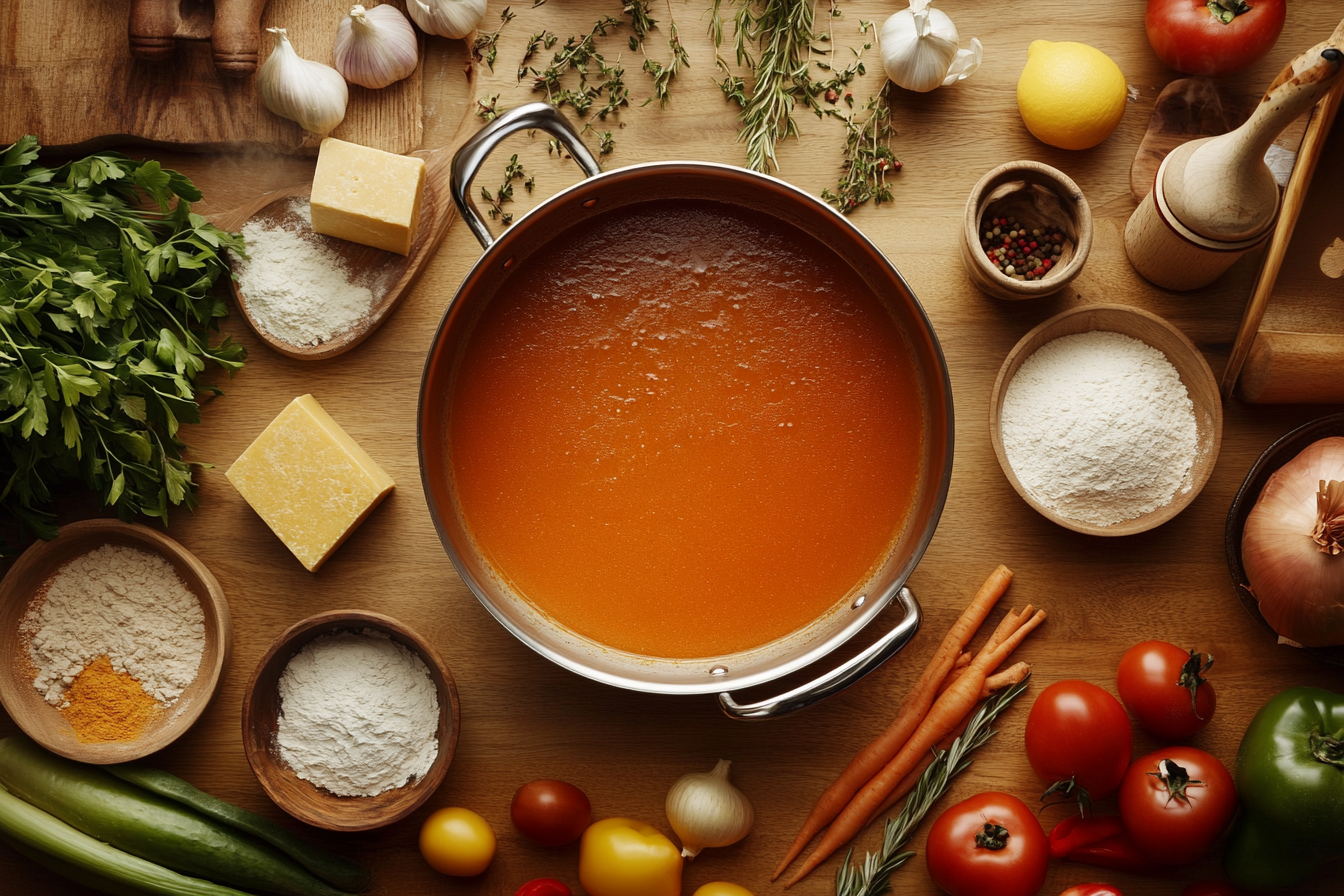 A top-down view of a chef’s kitchen counter with ingredients for making sauce, including stock cubes, flour, and fresh vegetables, surrounding a pot of simmering sauce.
