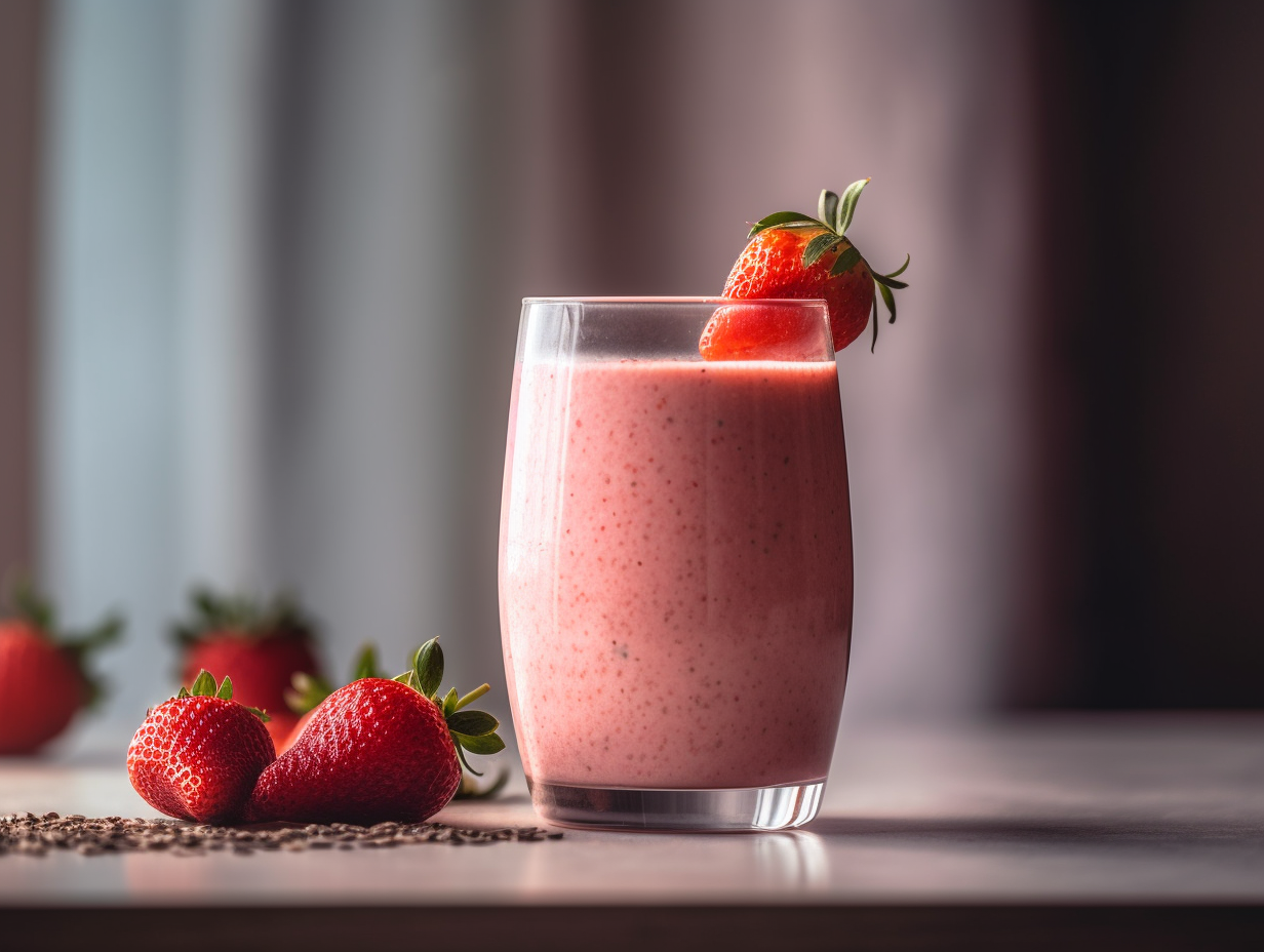 What's in a Hailey Bieber smoothie? A vibrant pink smoothie with fresh strawberries, served in a tall glass, showcasing a creamy and refreshing look.