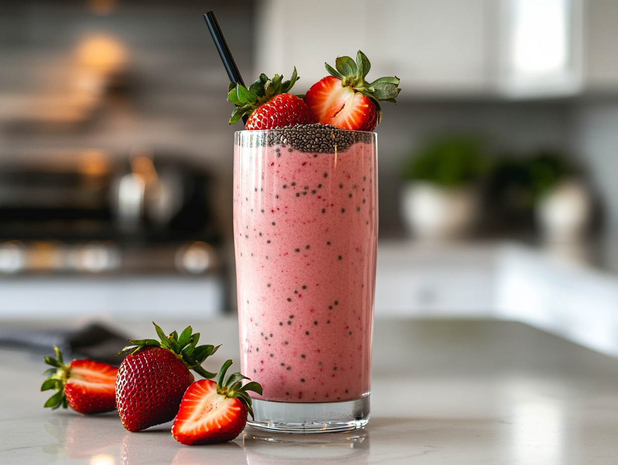 A vibrant Hailey Bieber smoothie with strawberries, chia seeds, and a straw in a tall glass, garnished with fresh strawberries on top.