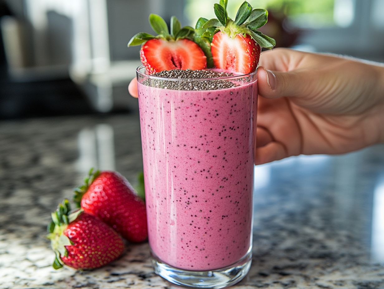 A vibrant pink smoothie topped with chia seeds and fresh strawberries, asking Is Hailey Bieber's smoothie healthy?