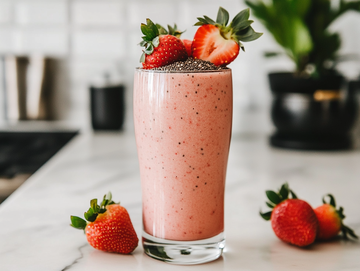 How to make Erewhon Hailey Bieber smoothie at home? A vibrant pink smoothie topped with chia seeds and fresh strawberries served in a glass, placed on a marble countertop.
