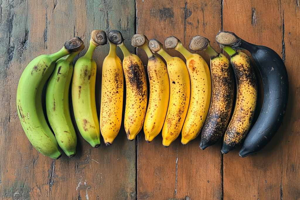 Different stages of banana ripeness, from green to black, ideal for banana bread.