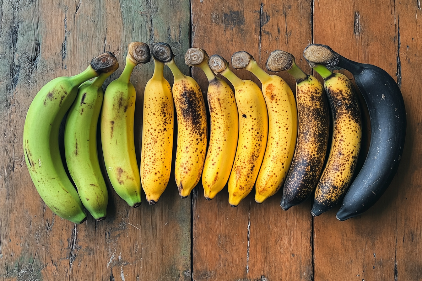 Different stages of banana ripeness, from green to black, ideal for banana bread.