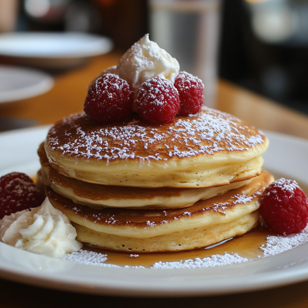 Fluffy stack of kodiak pancakes recipe topped with raspberries, whipped cream, and powdered sugar