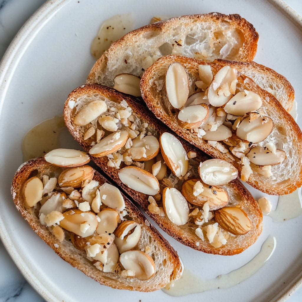 Sliced bread topped with toasted almonds and honey drizzle - How do you toast almonds?