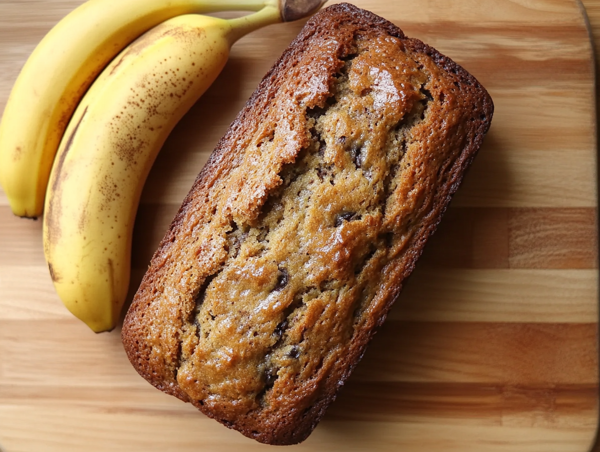 Angular Banana Bread loaf beside two ripe bananas on a wooden cutting board.