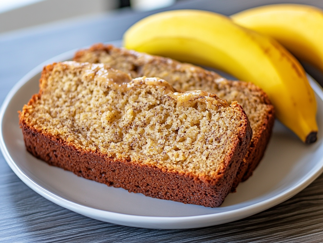 Freshly baked 4 ingredient banana bread slices served on a plate with bananas in the background.