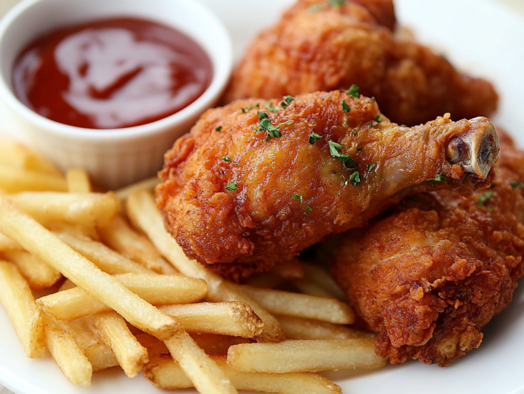 Fried chicken and fries served with dipping sauce – Can I use the same oil for chicken and fries?