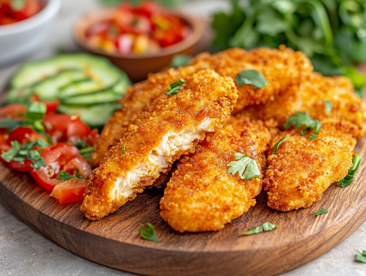 Are Chicken Tenders Healthy? Crispy breaded chicken tenders served with fresh vegetables.