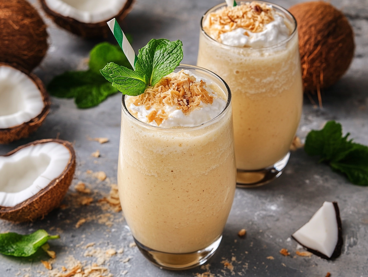 Two coconut smoothies garnished with mint and toasted coconut, showcasing What kind of coconut cream is used in Hailey Bieber smoothies?