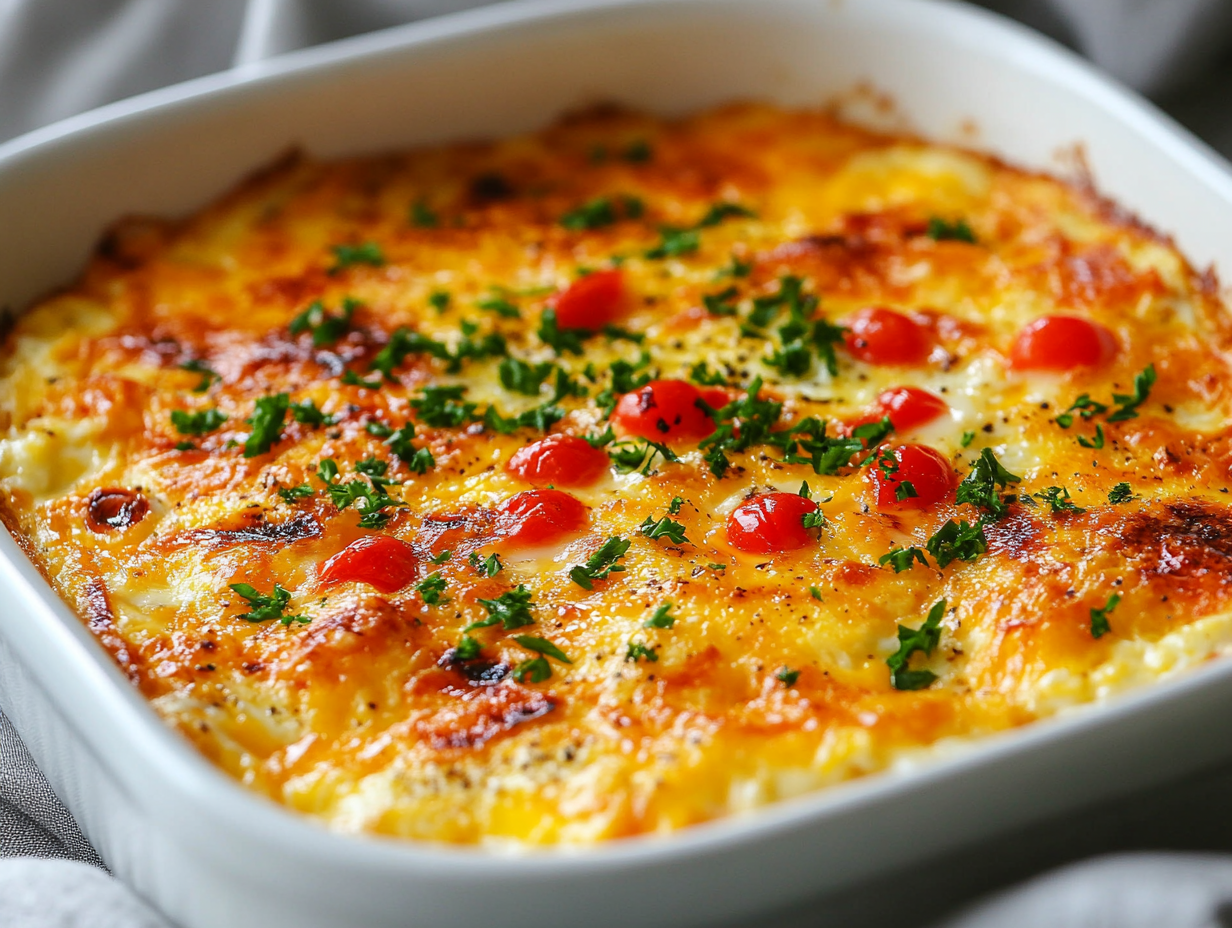 Golden and cheesy cottage cheese egg bake garnished with parsley and cherry tomatoes in a white baking dish