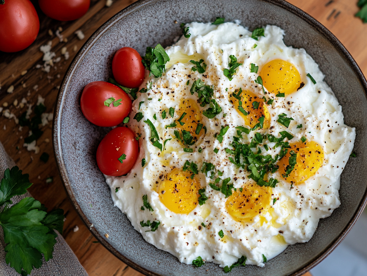 Why are my cottage cheese eggs watery? - A close-up of cottage cheese eggs topped with herbs and served with cherry tomatoes.