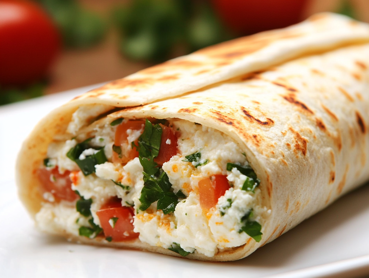 A close-up of a freshly prepared cottage cheese wrap filled with cottage cheese, tomatoes, and herbs, served on a white plate.