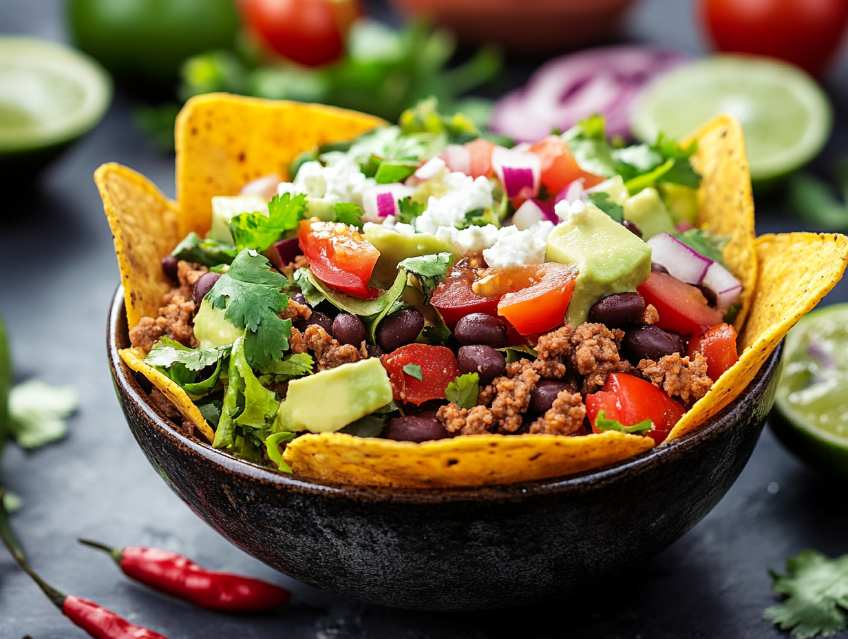 Colorful taco bowl with fresh ingredients, illustrating what's the difference between a tostada and a taco bowl.