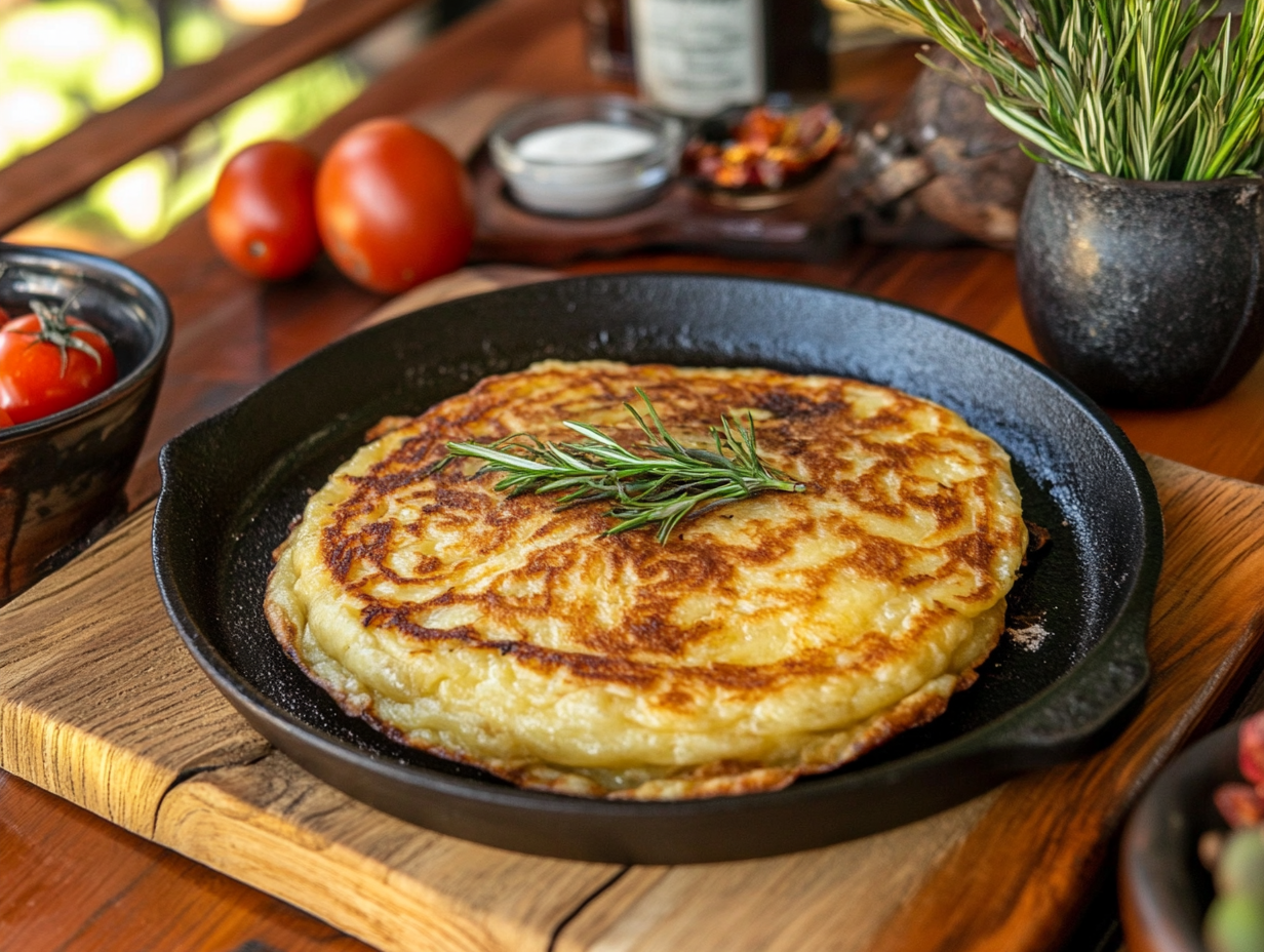 Golden-brown giant potato pancake garnished with rosemary, served in a cast-iron skillet, a perfect collectable dish.