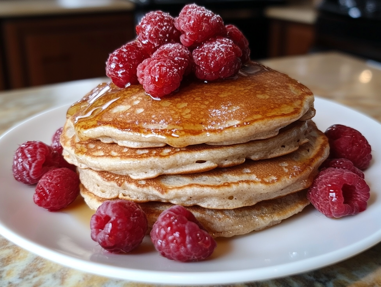 A stack of fluffy Kodiak Cakes pancakes recipe topped with fresh raspberries and drizzled with syrup.