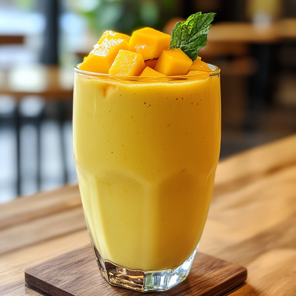 Fresh mango smoothie topped with mango cubes, showcasing the answer to 'Can You Eat the Skin of a Mango in a Smoothie?