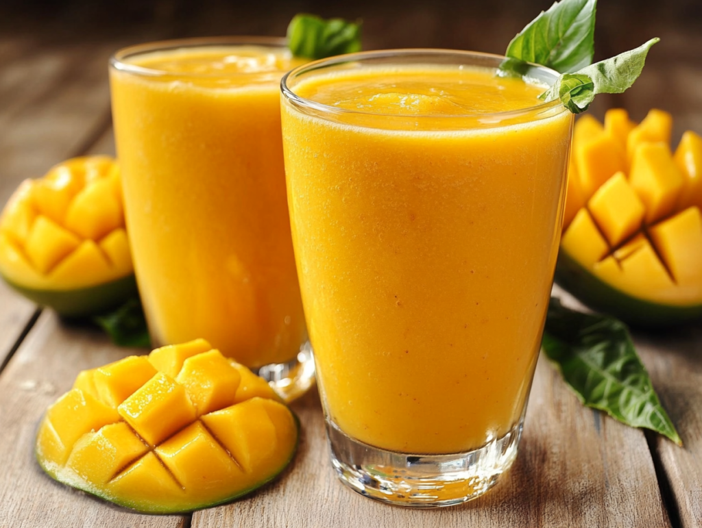 Are mango smoothies good for you? Two glasses of fresh mango smoothie with diced mango on the side.