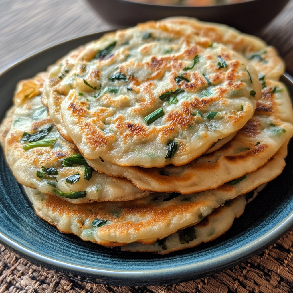 A stack of golden-brown pancakes garnished with fresh scallions on a blue plate. so What do you eat scallion pancakes with?