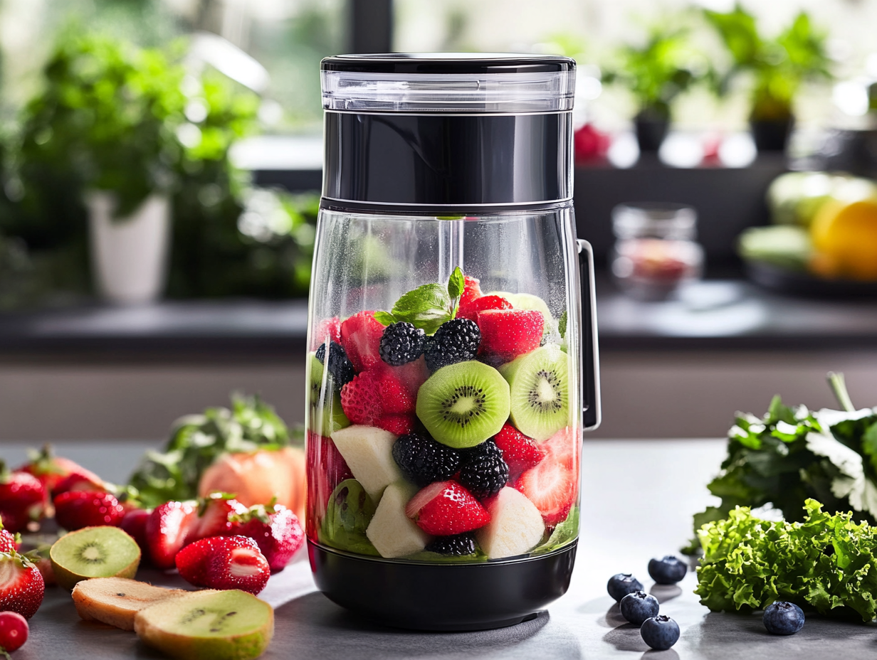 Fresh fruit smoothie ingredients in a regular blender, featuring kiwi, strawberries, and blackberries. Can I Make Smoothies in a Regular Blender?