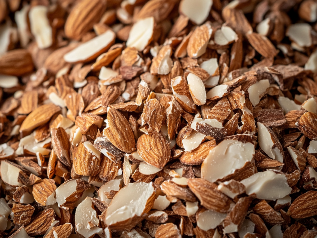 A close-up of toasted almond slices with a mix of crunchy textures and golden-brown hues.