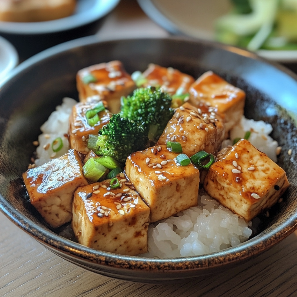 Bowl of tofu and rice topped with sesame seeds and broccoli, illustrating the question 'Can I eat tofu every day?