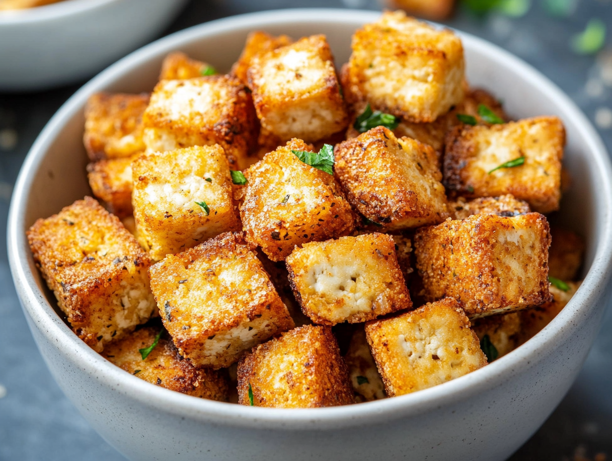 A bowl of crispy tofu croutons for soup air fryer, with a golden-brown exterior and garnished with herbs.
