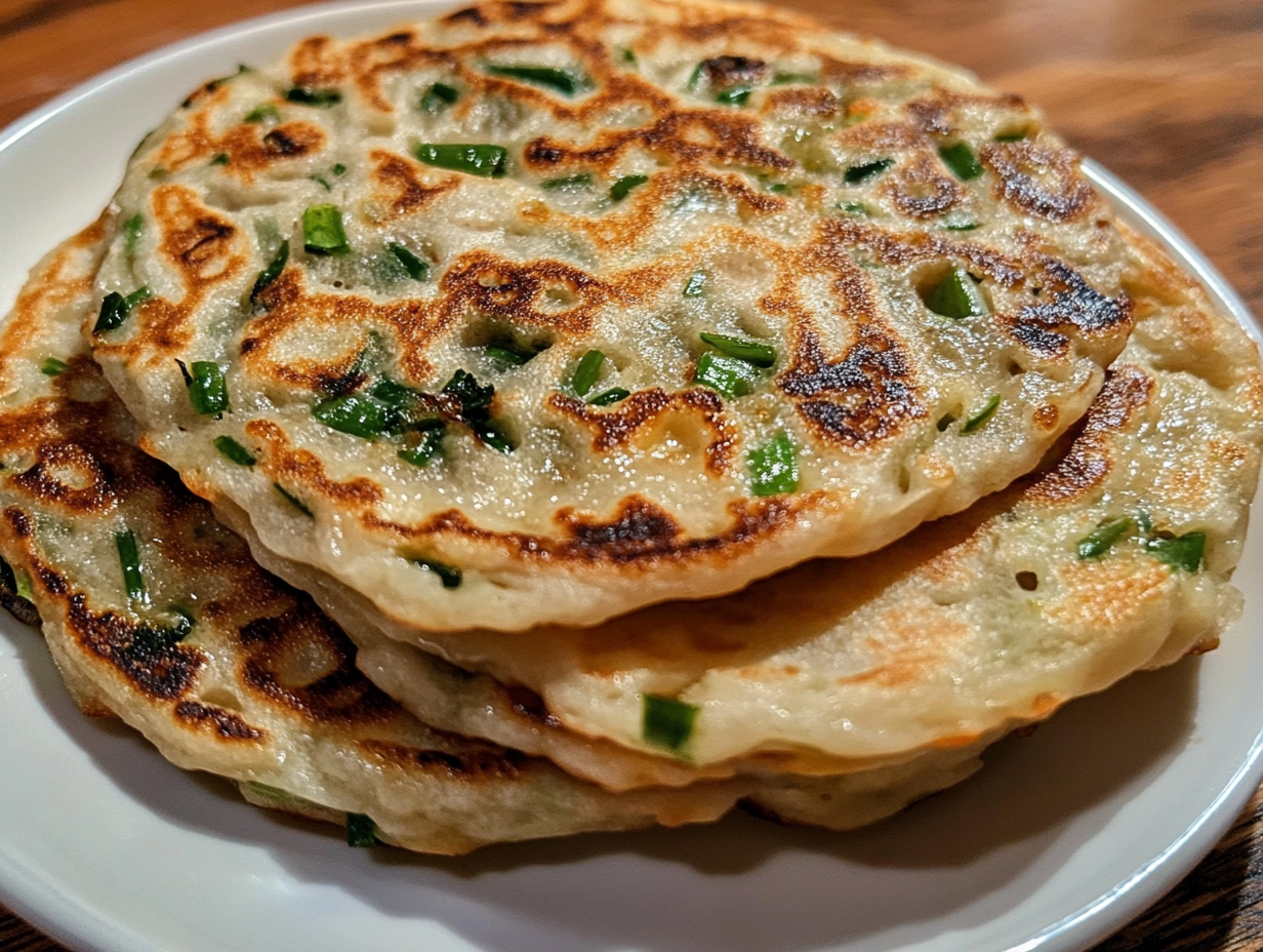 A close-up of crispy trader joe's scallion pancakes, golden brown with visible green scallions, served on a white plate