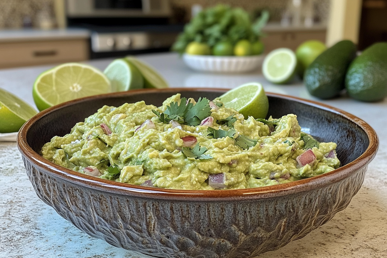 Bowl of freshly made guacamole garnished with cilantro, limes, and avocados in the background.