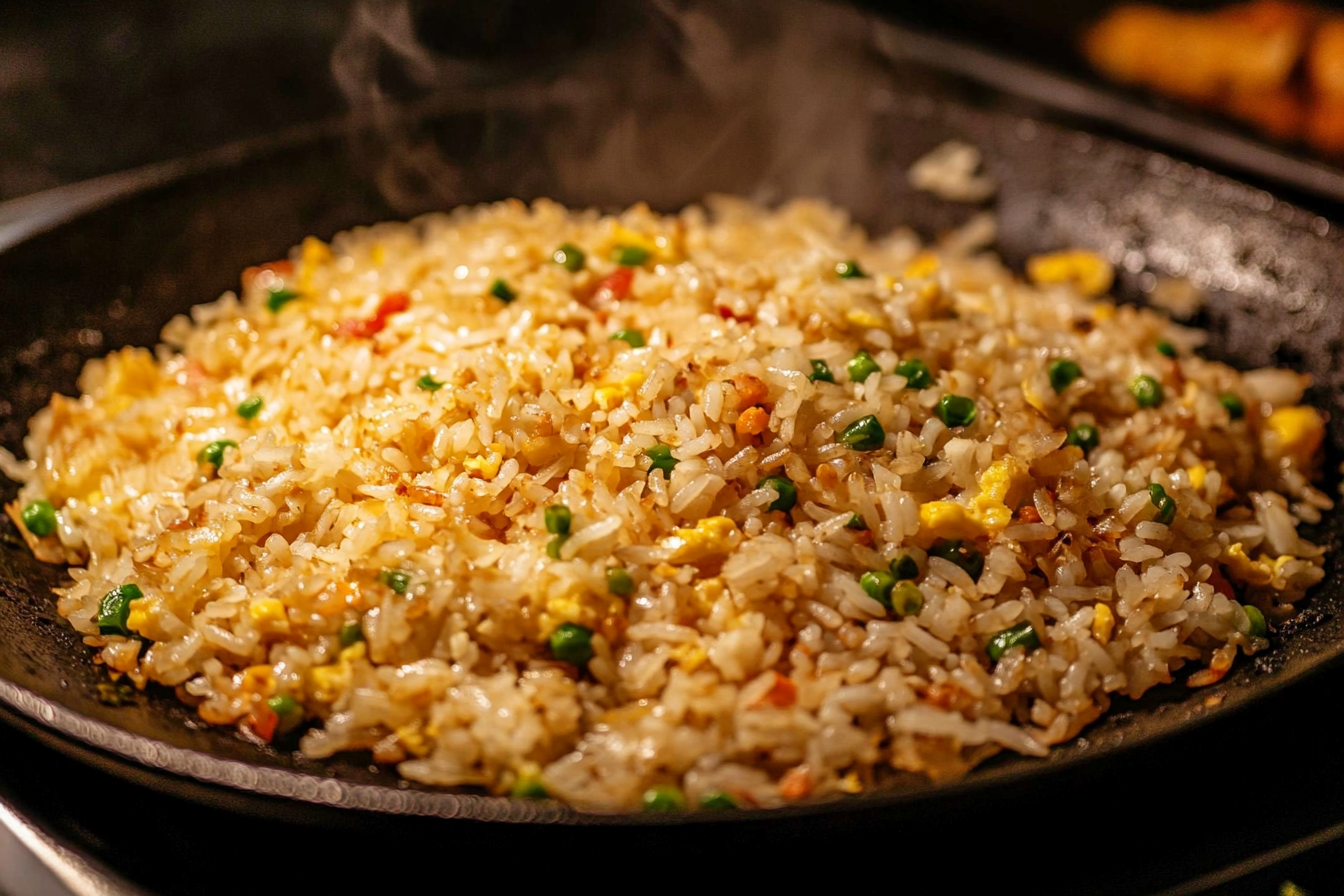 Crispy fried rice cooking on a griddle